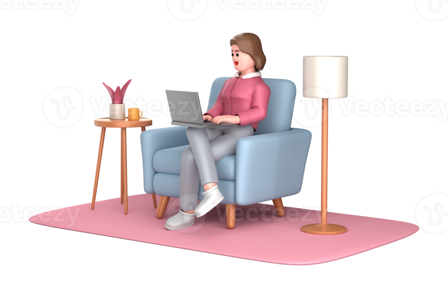 3d business woman executive pose sitting with laptop thinking about idea isolated on transparent background, 3d rendering png