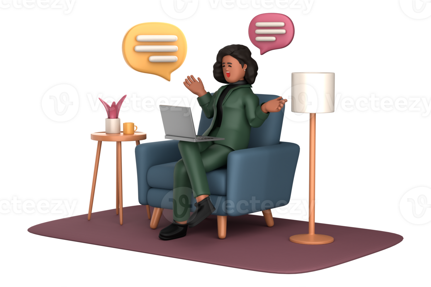 3d black business woman executive wearing green suit pose sitting with laptop thinking about idea isolated on transparent background, 3d rendering png