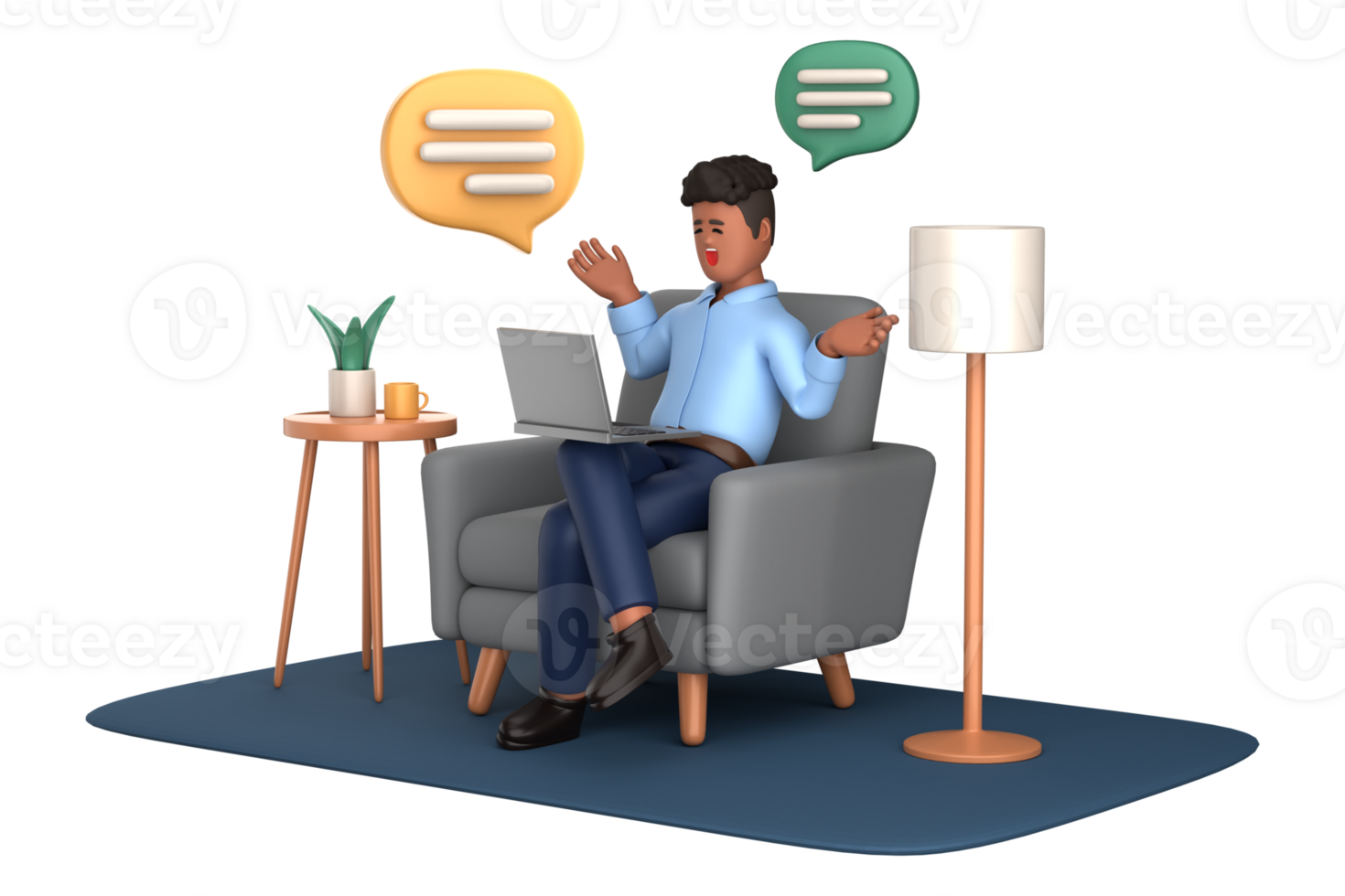 3d businessman executive pose sitting with laptop thinking about idea isolated on transparent background, 3d rendering png