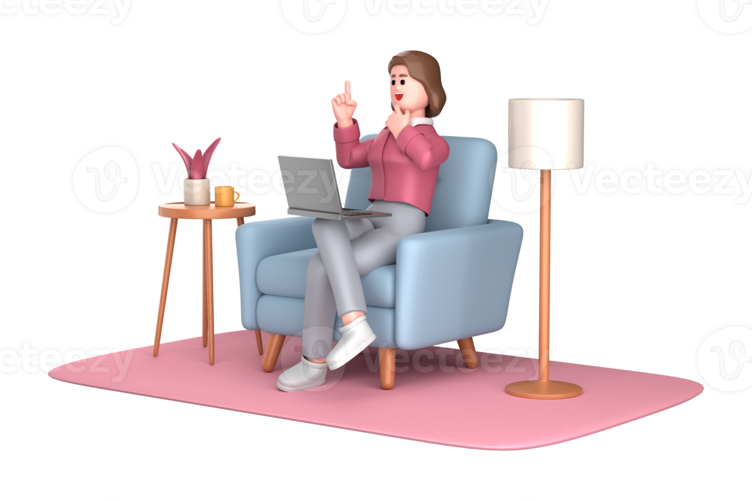3d business woman executive pose sitting with laptop thinking about idea isolated on transparent background, 3d rendering png