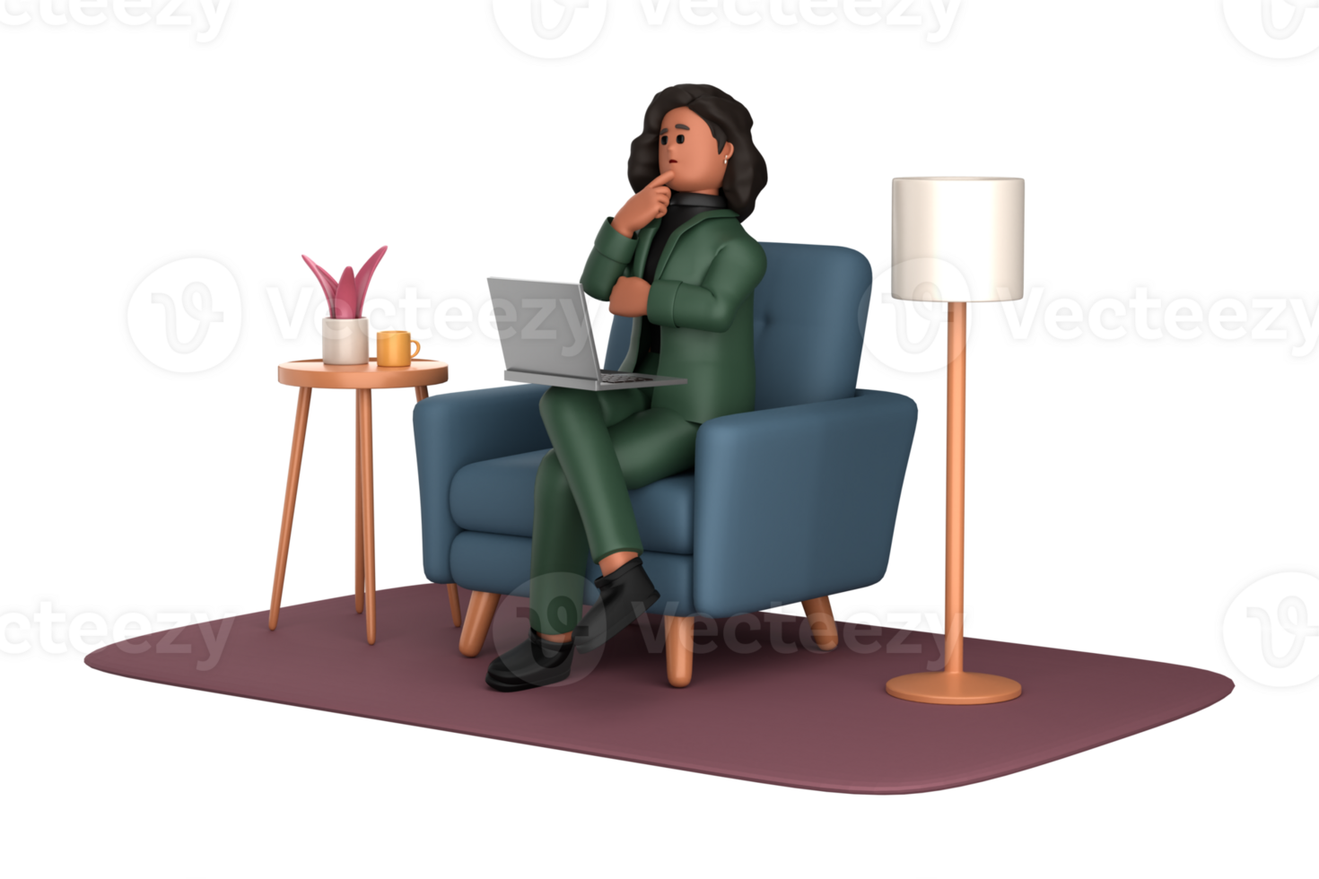 3d black business woman executive wearing green suit pose sitting with laptop thinking about idea isolated on transparent background, 3d rendering png