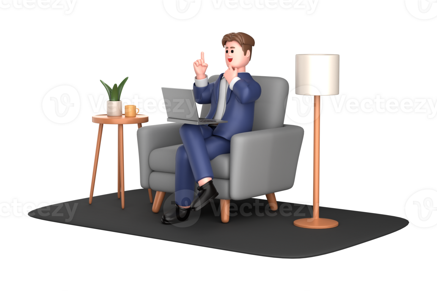 3d businessman executive pose sitting with laptop thinking about idea isolated on transparent background, 3d rendering png