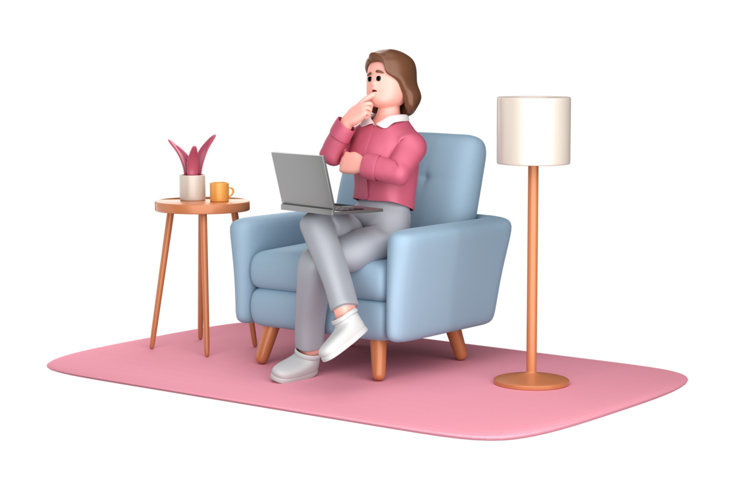 3d business woman executive pose sitting with laptop thinking about idea isolated on transparent background, 3d rendering png