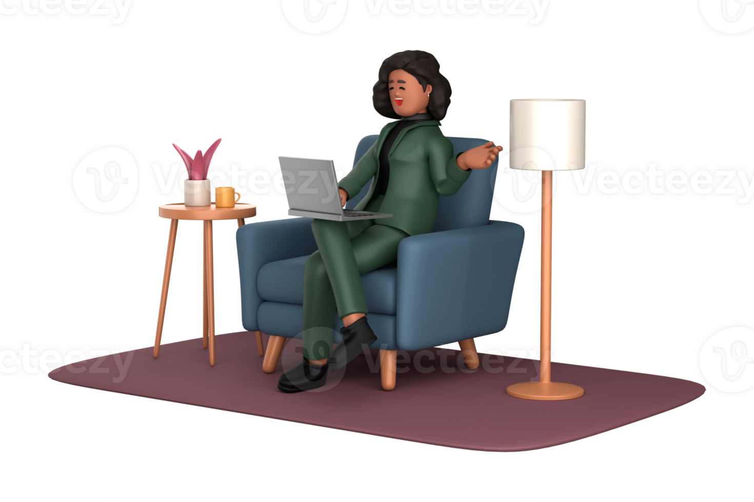 3d black business woman executive wearing green suit pose sitting with laptop thinking about idea isolated on transparent background, 3d rendering png