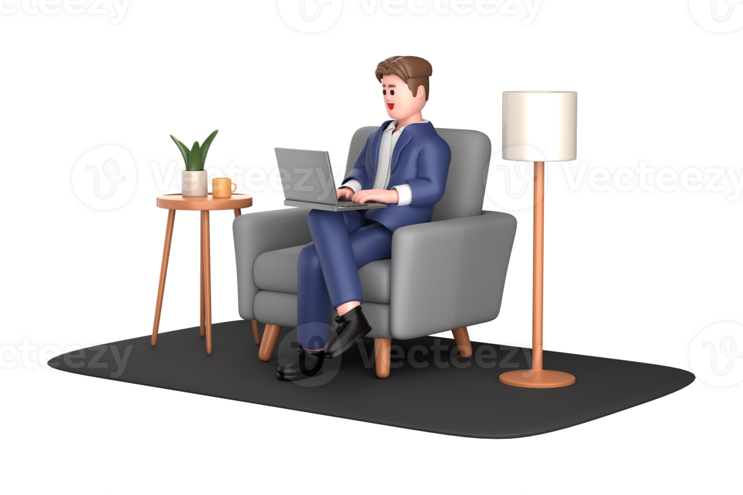 3d businessman executive pose sitting with laptop thinking about idea isolated on transparent background, 3d rendering png
