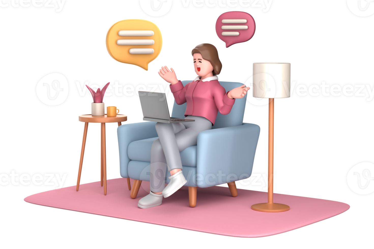 3d business woman executive pose sitting with laptop thinking about idea isolated on transparent background, 3d rendering png