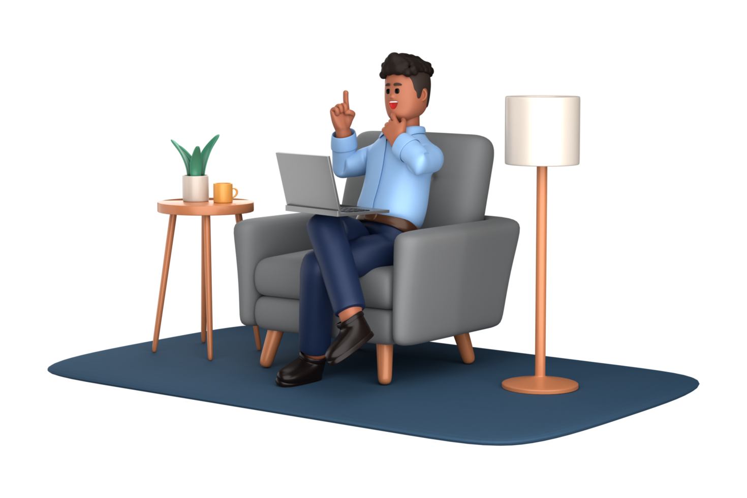 3d uomo d'affari esecutivo posa seduta con il computer portatile pensiero di idea isolato su trasparente sfondo, 3d interpretazione png