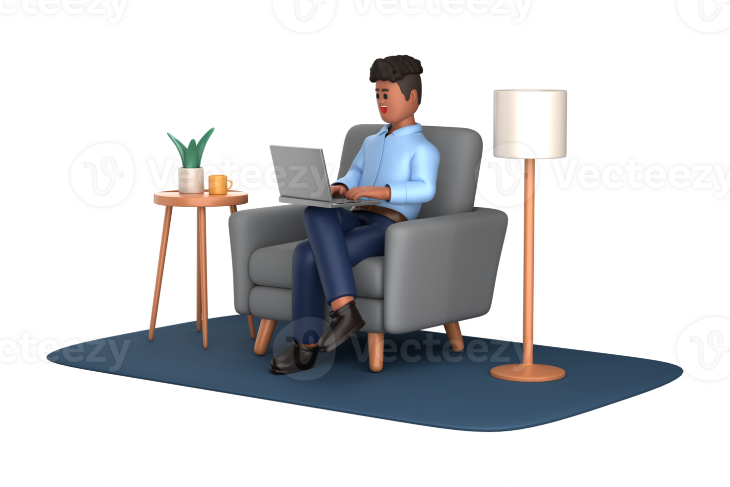 3d businessman executive pose sitting with laptop thinking about idea isolated on transparent background, 3d rendering png