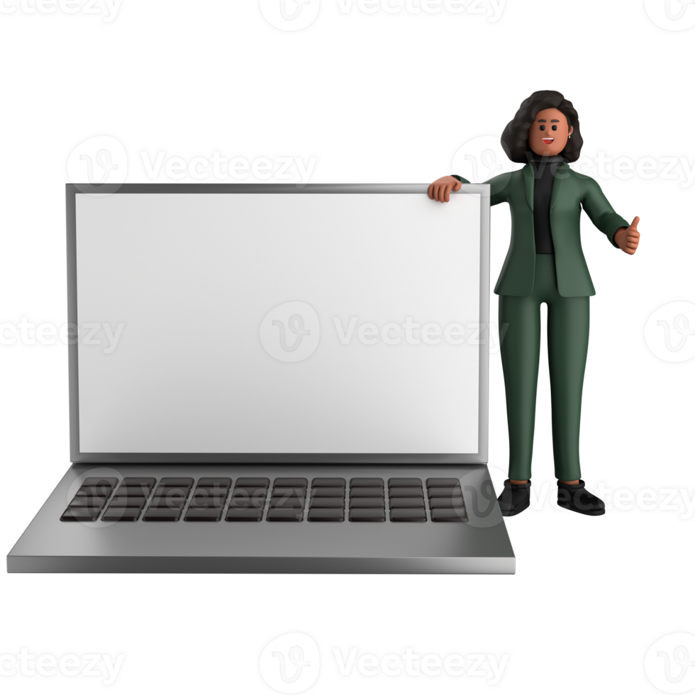 3d black business woman executive wearing a green suit pose standing with laptop, tablet, mobile phone, megaphone, 3d rendering png