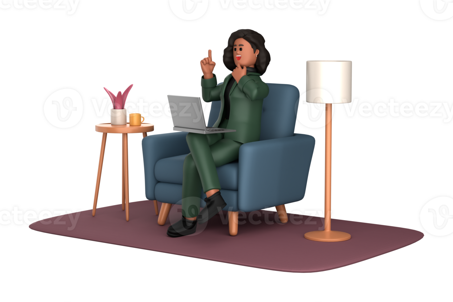 3d black business woman executive wearing green suit pose sitting with laptop thinking about idea isolated on transparent background, 3d rendering png