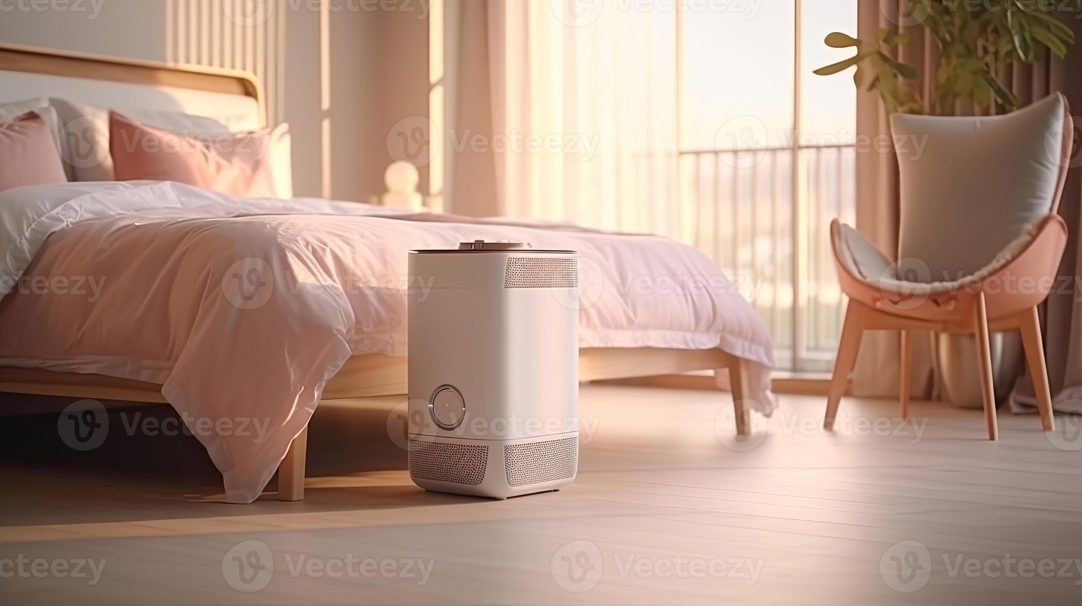 Air purifier in cozy white bedroom for filter and cleaning