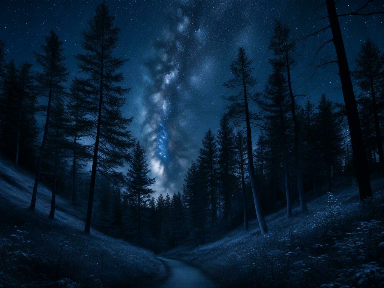 Mystical Moonlit Forest  Serene Nature Night Background, Ai Generative photo