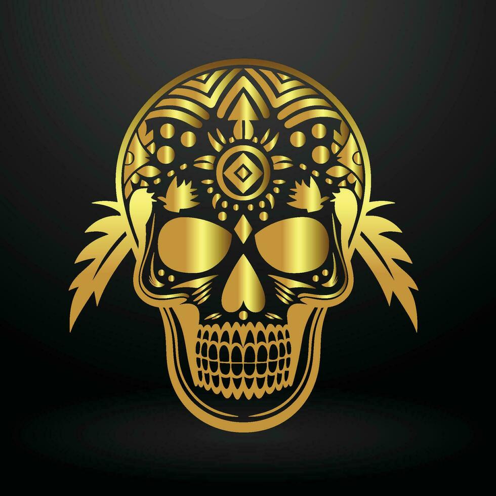 Golden Skull with Intricate Designs on Black Background vector