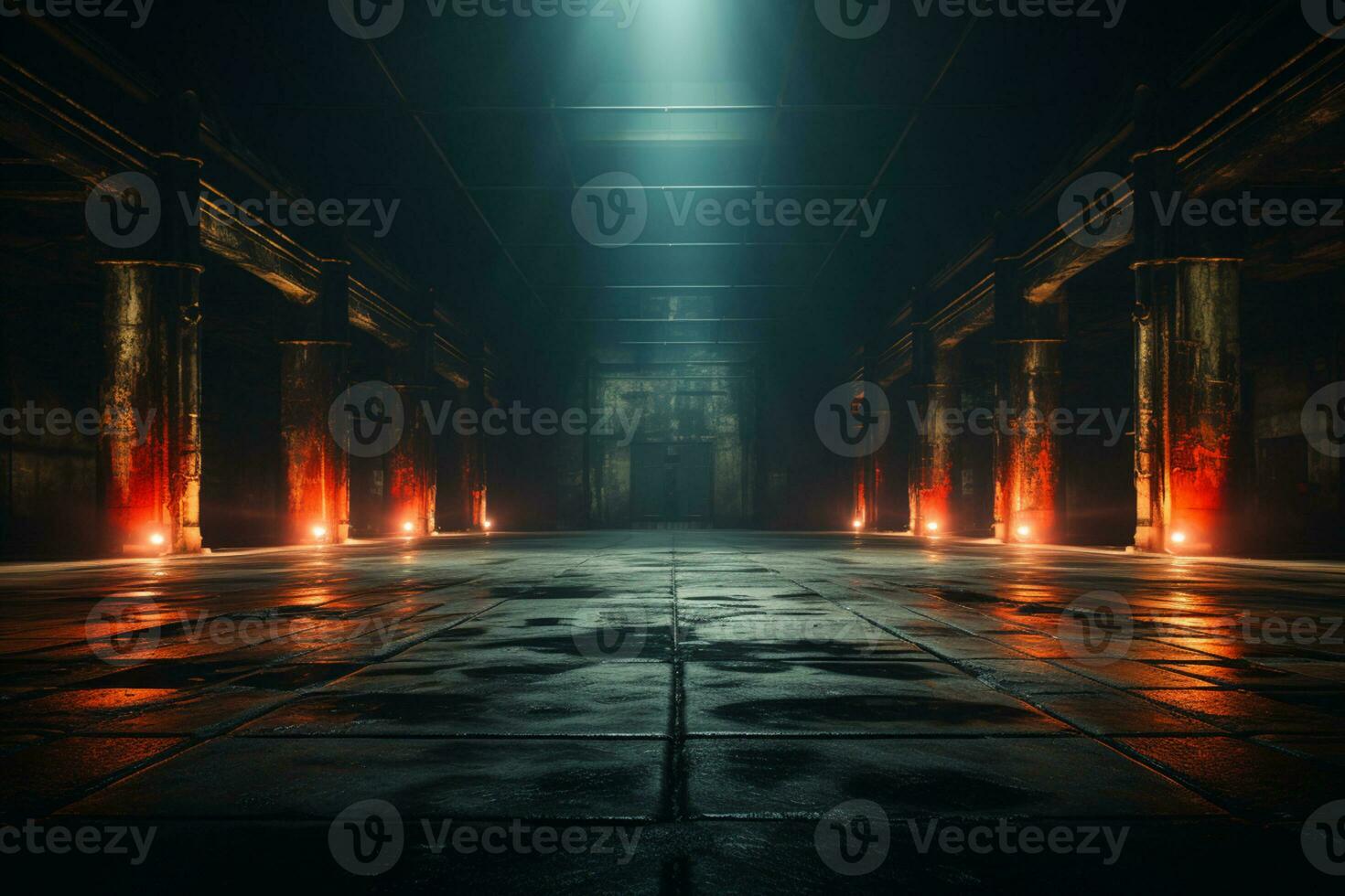 Contemporary industrial, Neon light, smoke, brick walls, concrete floor, spotlight AI Generated photo