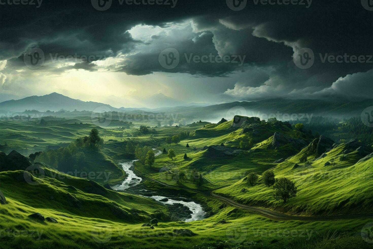 Green field dazzles amidst thunderstorm AI Generated photo