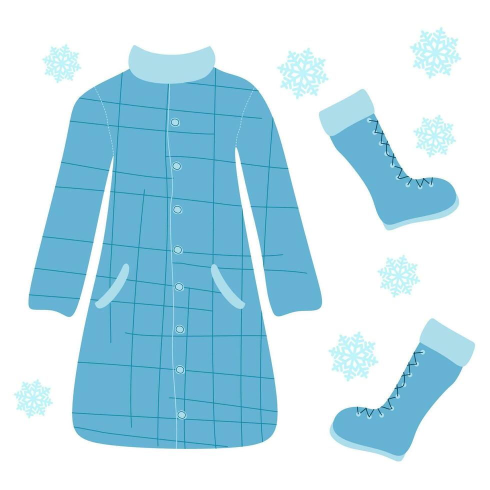 Flat style Winter Clothes isolated on white with Snowflakes. Warm coat and boots vector illustration for Kid book, Poster, Promotion banner. Seasonal clothing, textile and shoes.