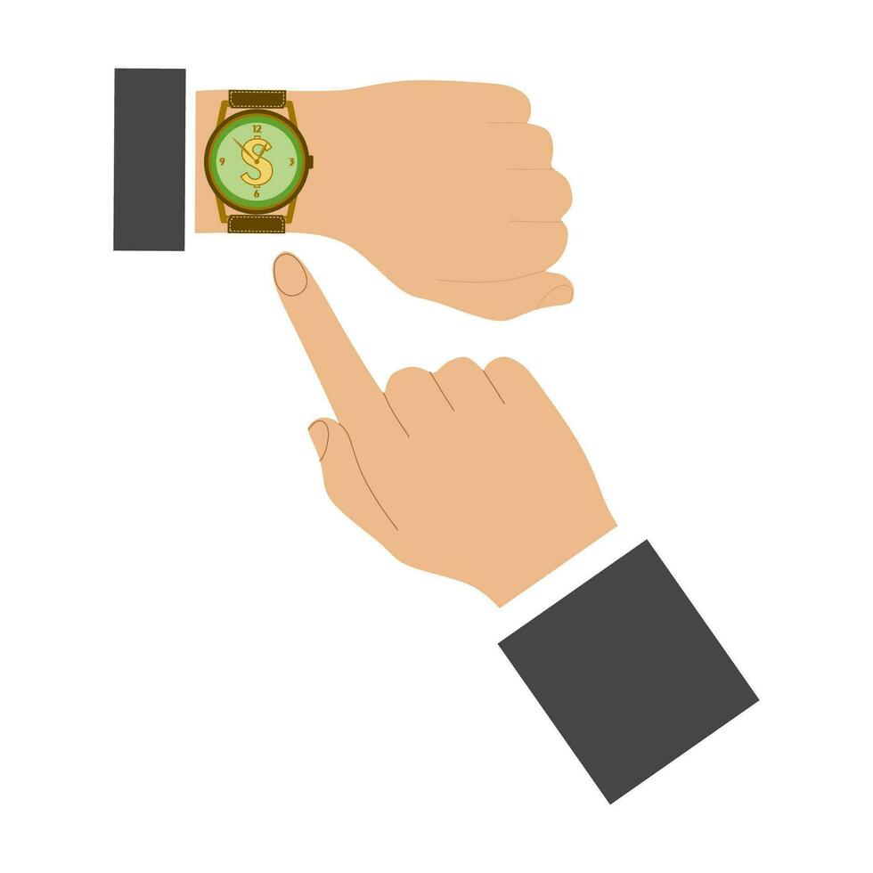 Businessman hand point at Wristwathes. Time is money. Vector time and financial management illustration. Flat style Business picture. Mans hands and Clock. Timing, planning, entrepreneur, meeting.