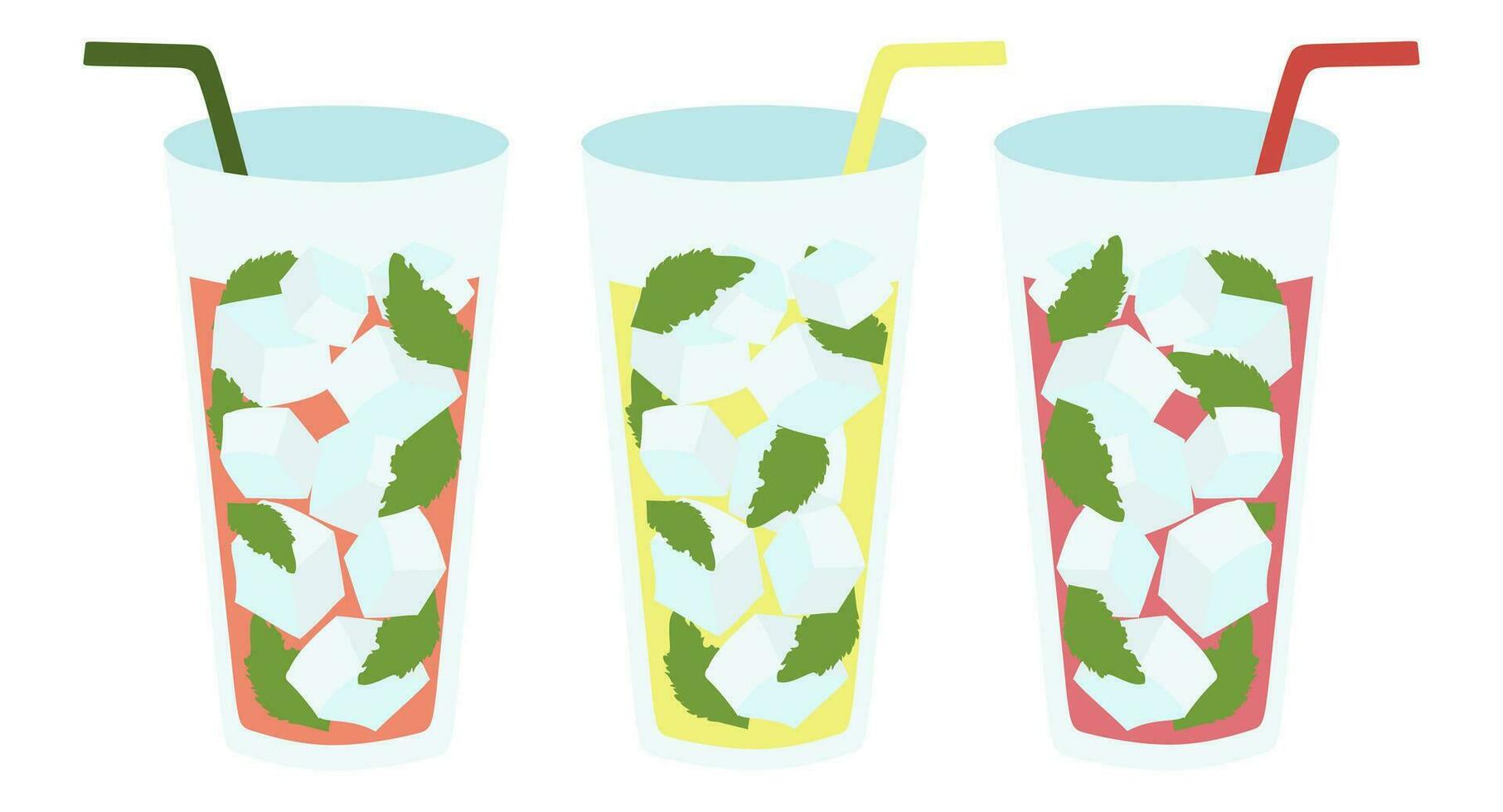 Set of Summer Lemonade. Cartoon vector illustration with straw, ice cubes, mint and Fruits in Glass. Refreshing cold Drink. Graphic for Poster, Banner, Flyer, Cocktail party. Fresh and Juicy beverage.