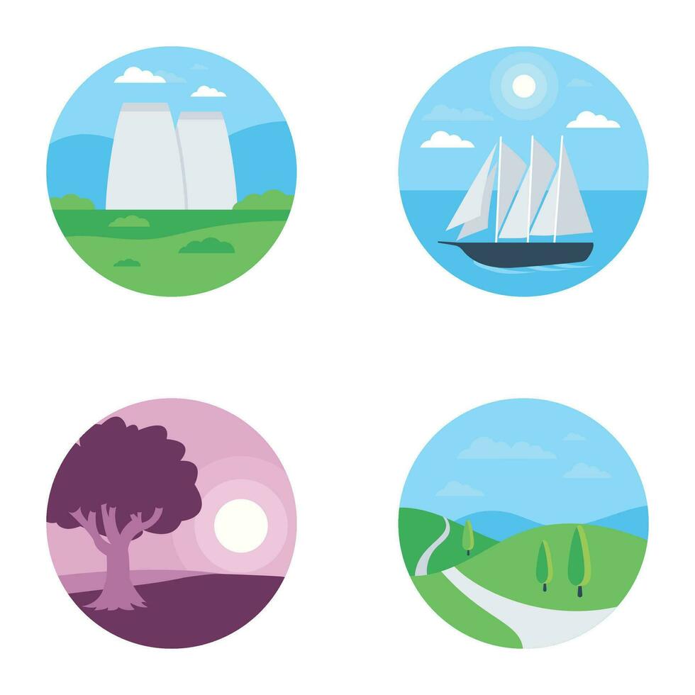 Pack of Beautiful Landscapes Flat Rounded Icons vector