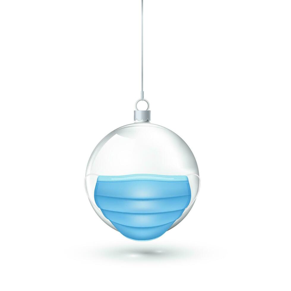 Glass Christmas ball with face mask isolated white background. New Year ornament element. Holiday decoration. Vector