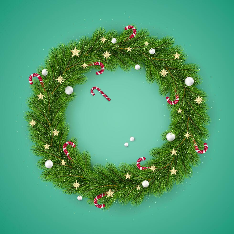Merry Christmas and Happy New Year Greating Card. Christmas Tree Wreath Decorated with Christmas balls and Candy Canes. Holiday Decoration Element on Green Background. Vector