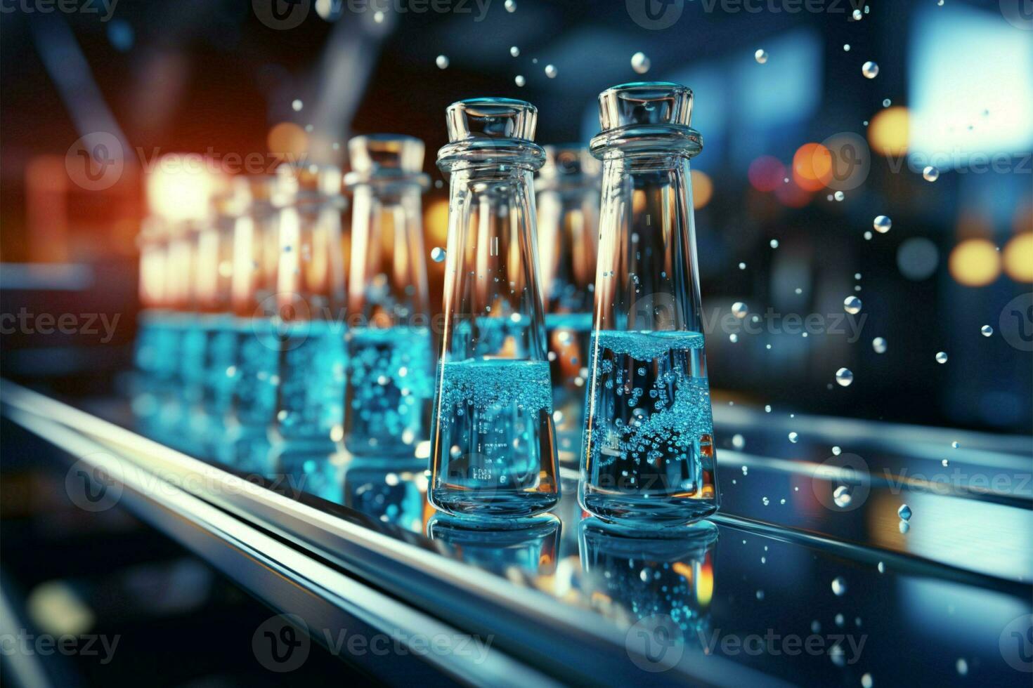 Science lab scene with a pipette dispensing blue chemical into glass test tubes AI Generated photo
