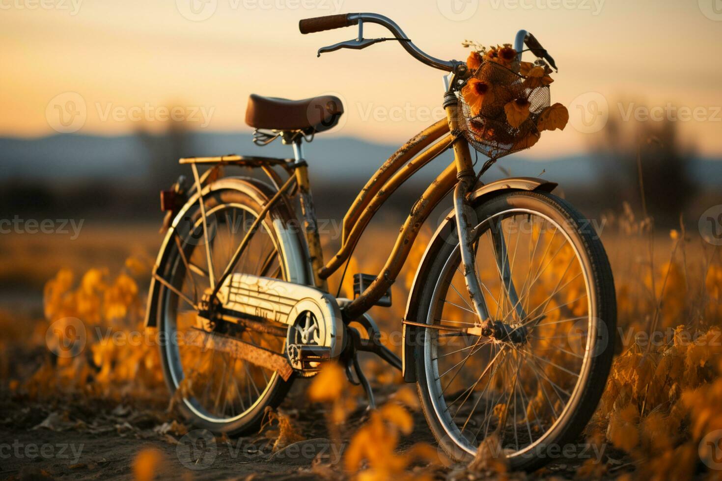 Old bike in a sunset lit meadow, shallow focus AI Generated photo