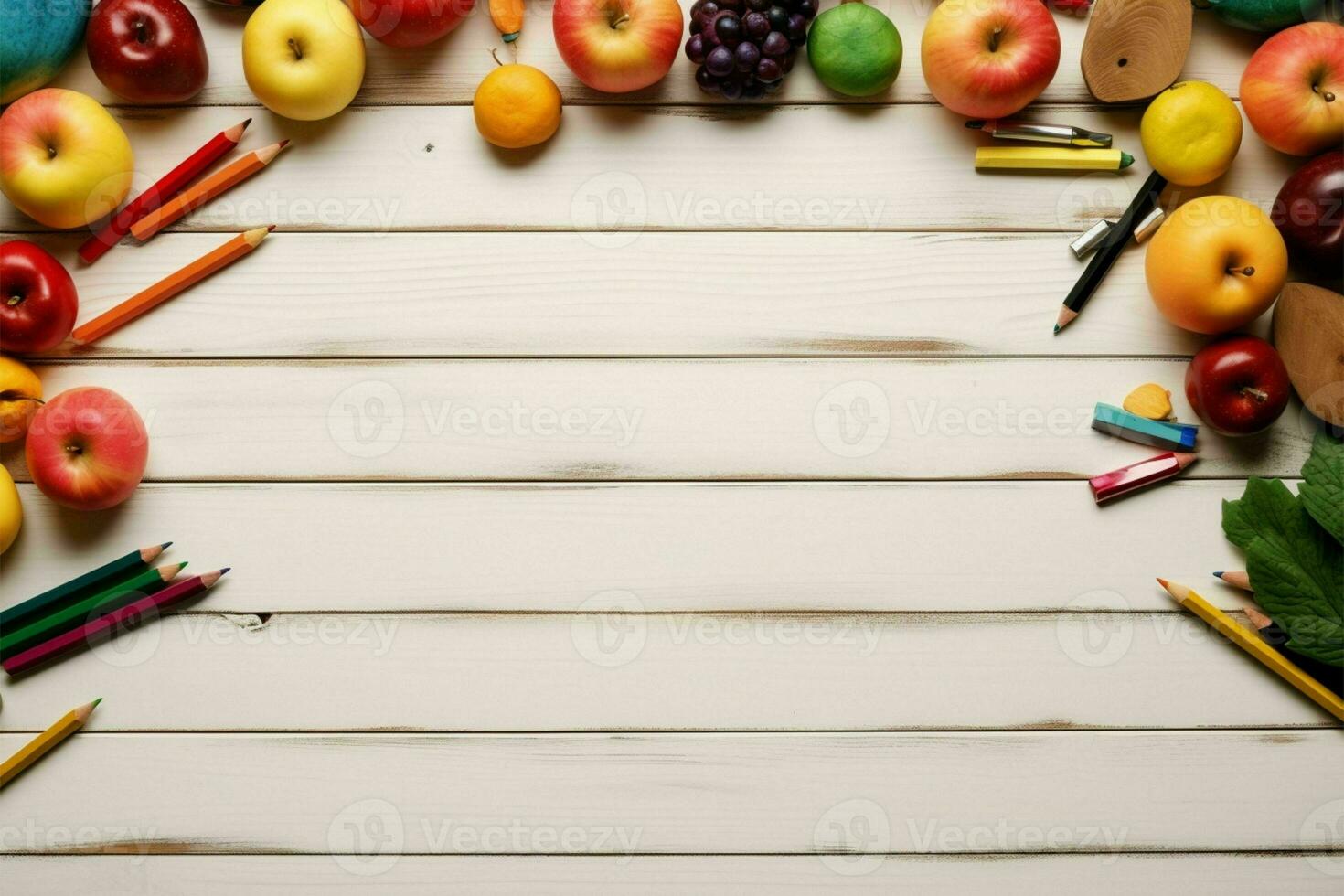 Ready for school, flatlay arrangement, white wooden background, customizable frame AI Generated photo