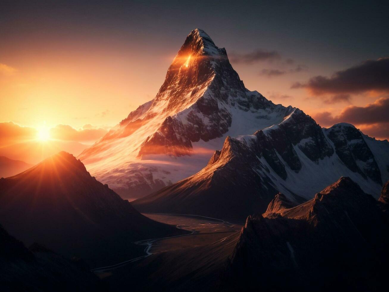 montaña puesta de sol asombroso naturaleza a oscuridad, ai generativo foto