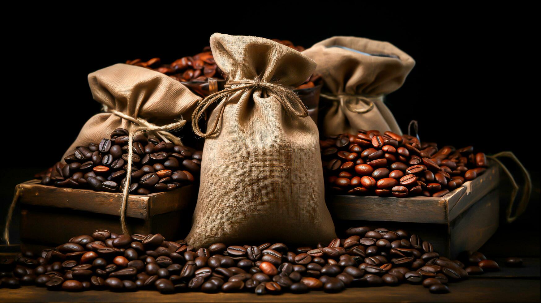 Coffee bag wrapped in coffee beans, Generative Ai photo