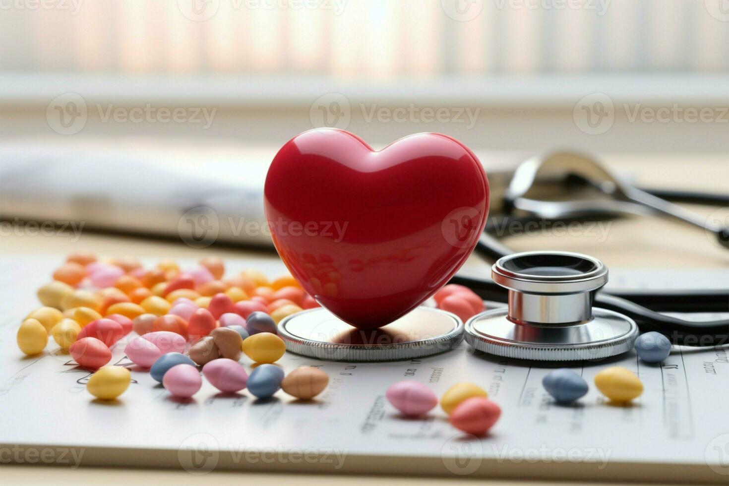 Health and care theme Stethoscope, ECG, toy heart trio harmonize AI Generated photo