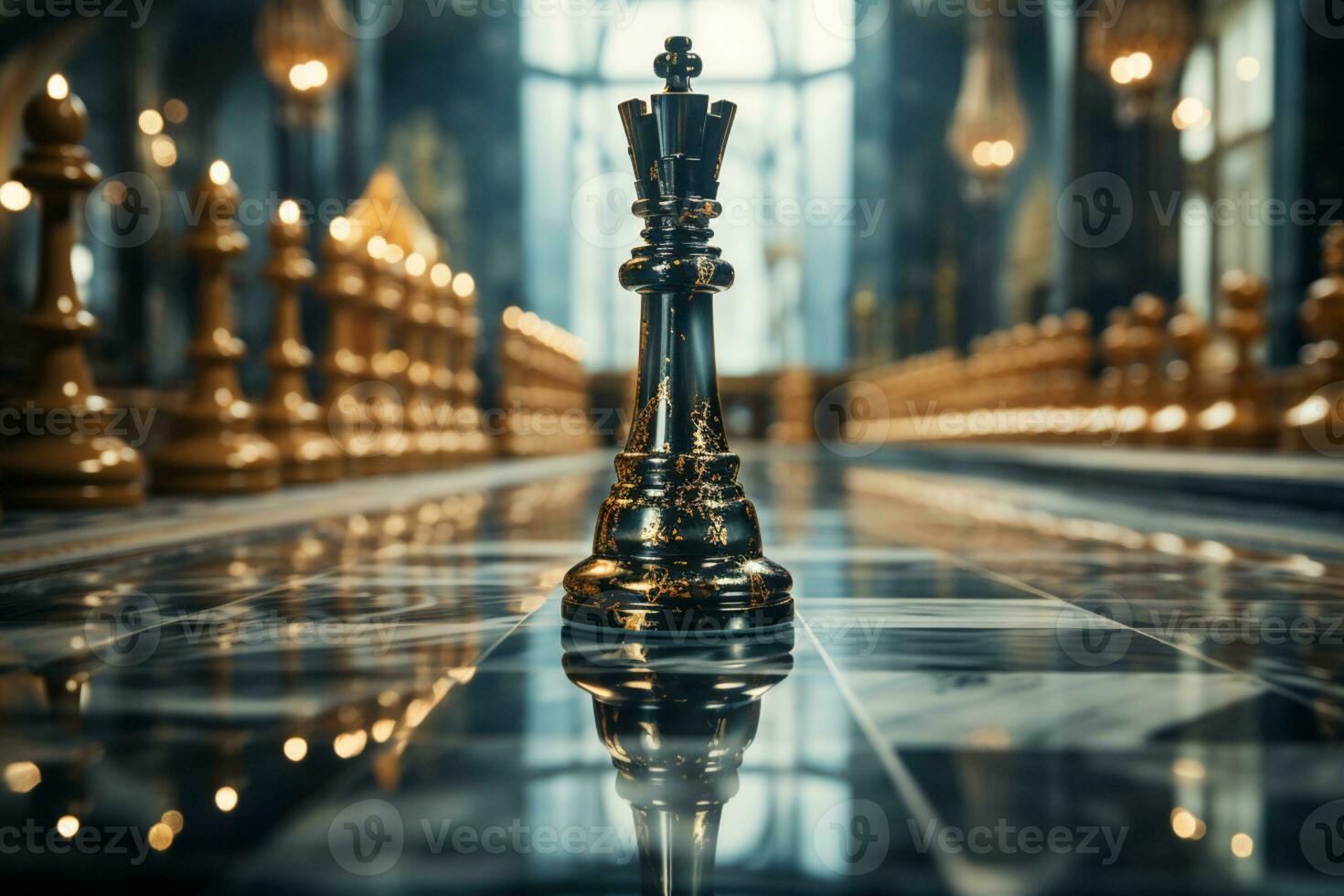 Hexagon pattern floor - luxury chess team with king and pawn AI Generated photo