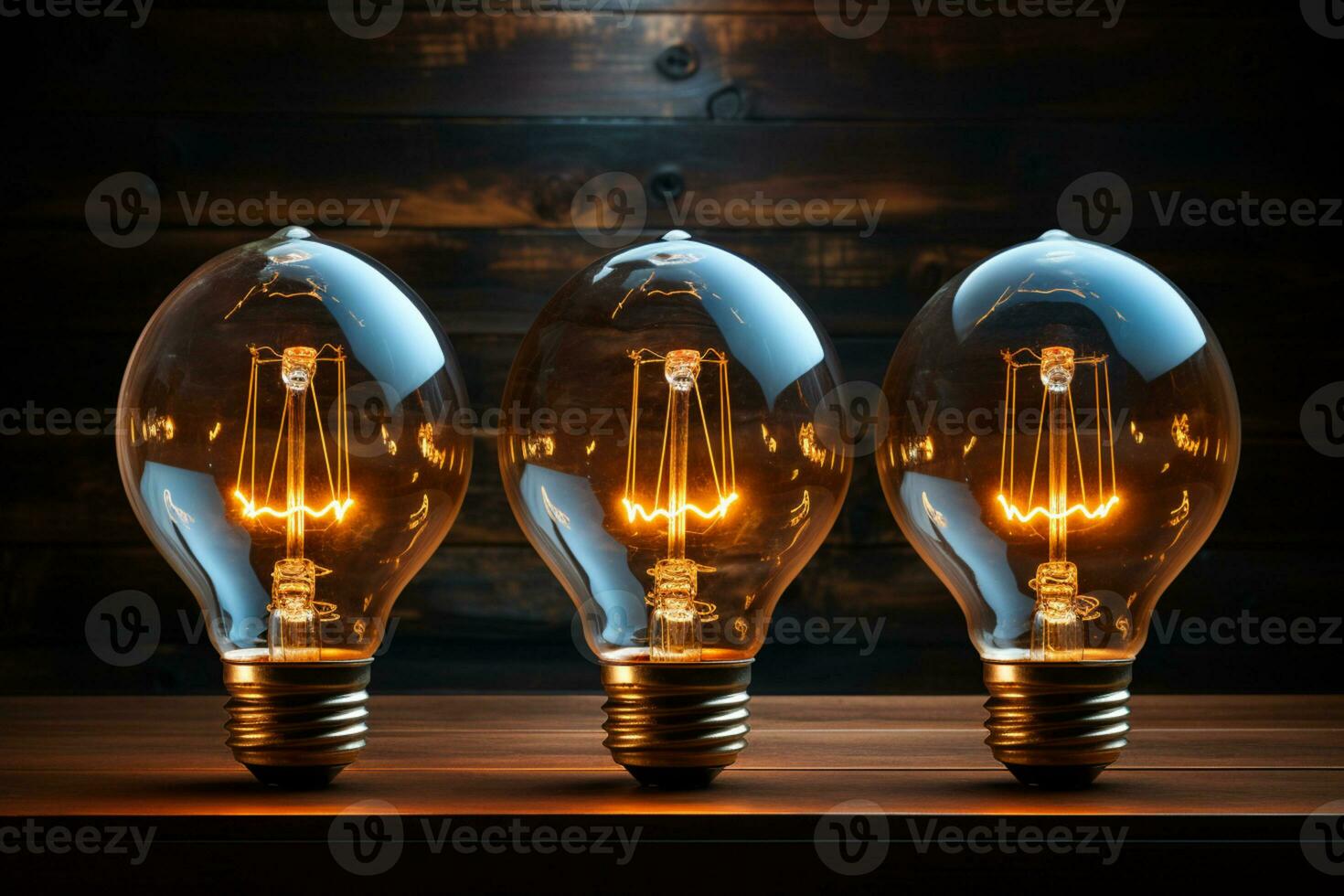 Antique bulbs, teamwork concept - idea, innovation - wooden backdrop AI Generated photo