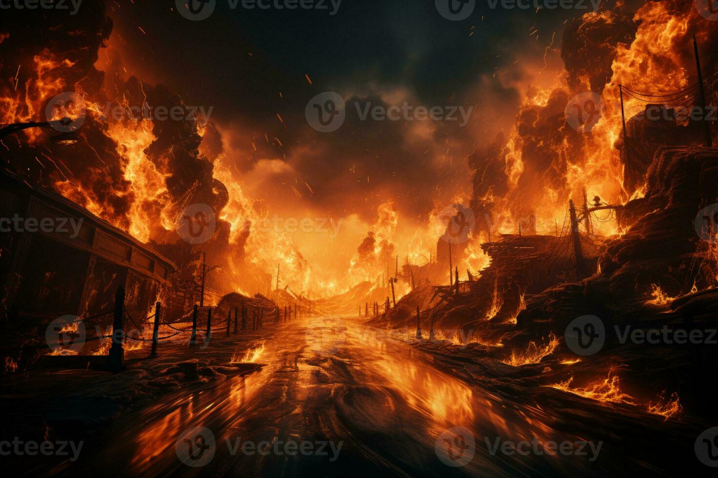 Scorching journey, Road on fire, flames over black canvas AI Generated photo