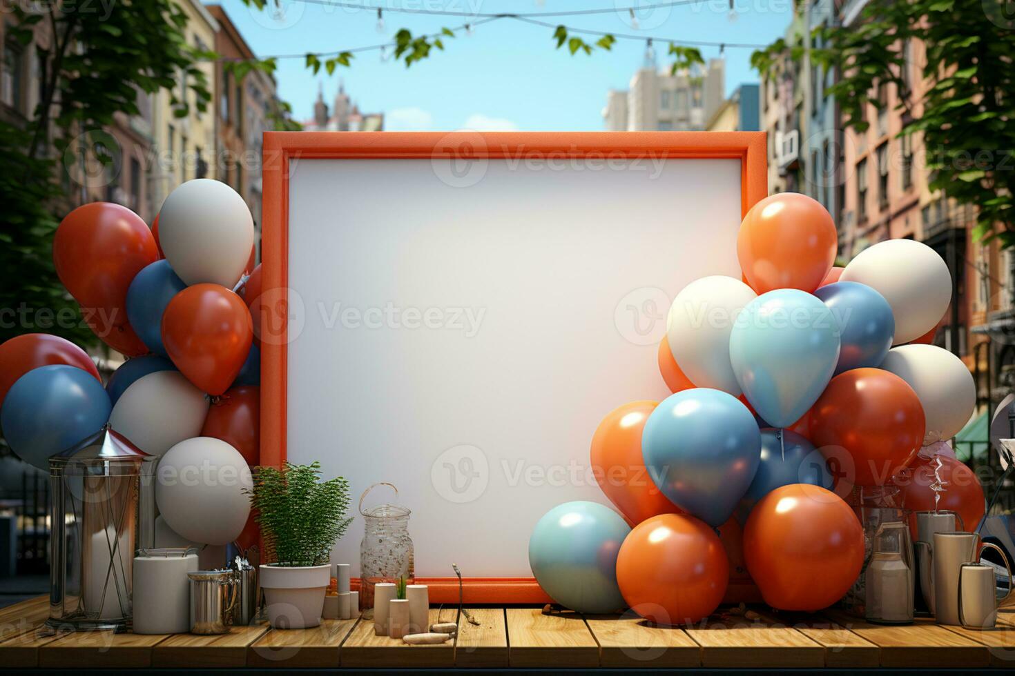 Party planning, white frame, colorful balloons, blue wooden table AI Generated photo