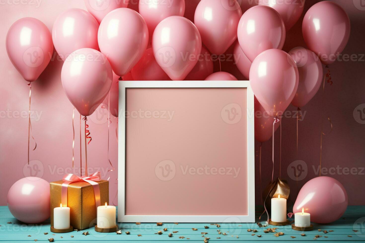 Birthday mockup with frame, pastel balloons and confetti on pink table top view Flat lay style AI Generated photo