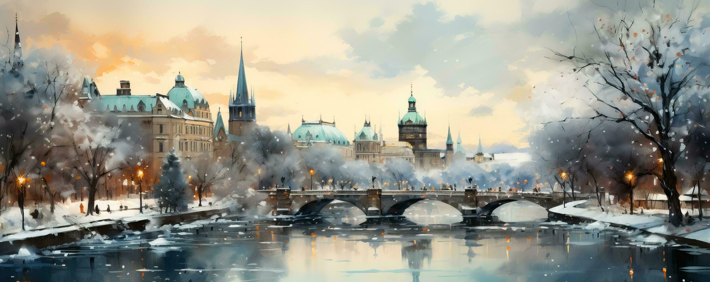 A whimsical winter panorama captures the enchanting skylines of European cities in a dreamy watercolor painting photo