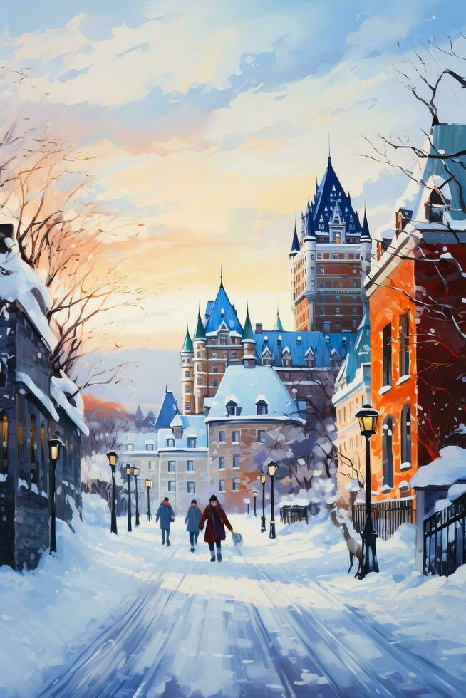 A vibrant watercolor painting capturing the charm of Quebec City in winter with snow-covered streets and historic architecture photo