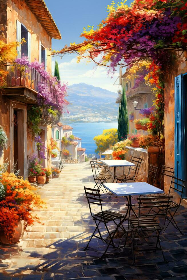 A picturesque Mediterranean village nestled among vibrant autumn foliage revealing a tranquil and enchanting watercolor painting come to life photo