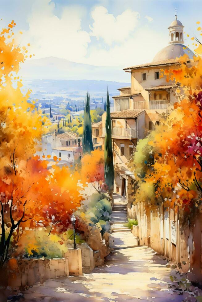 A vibrant watercolor painting of a charming Mediterranean village nestled among golden autumnal trees celebrating the bounties of the season photo