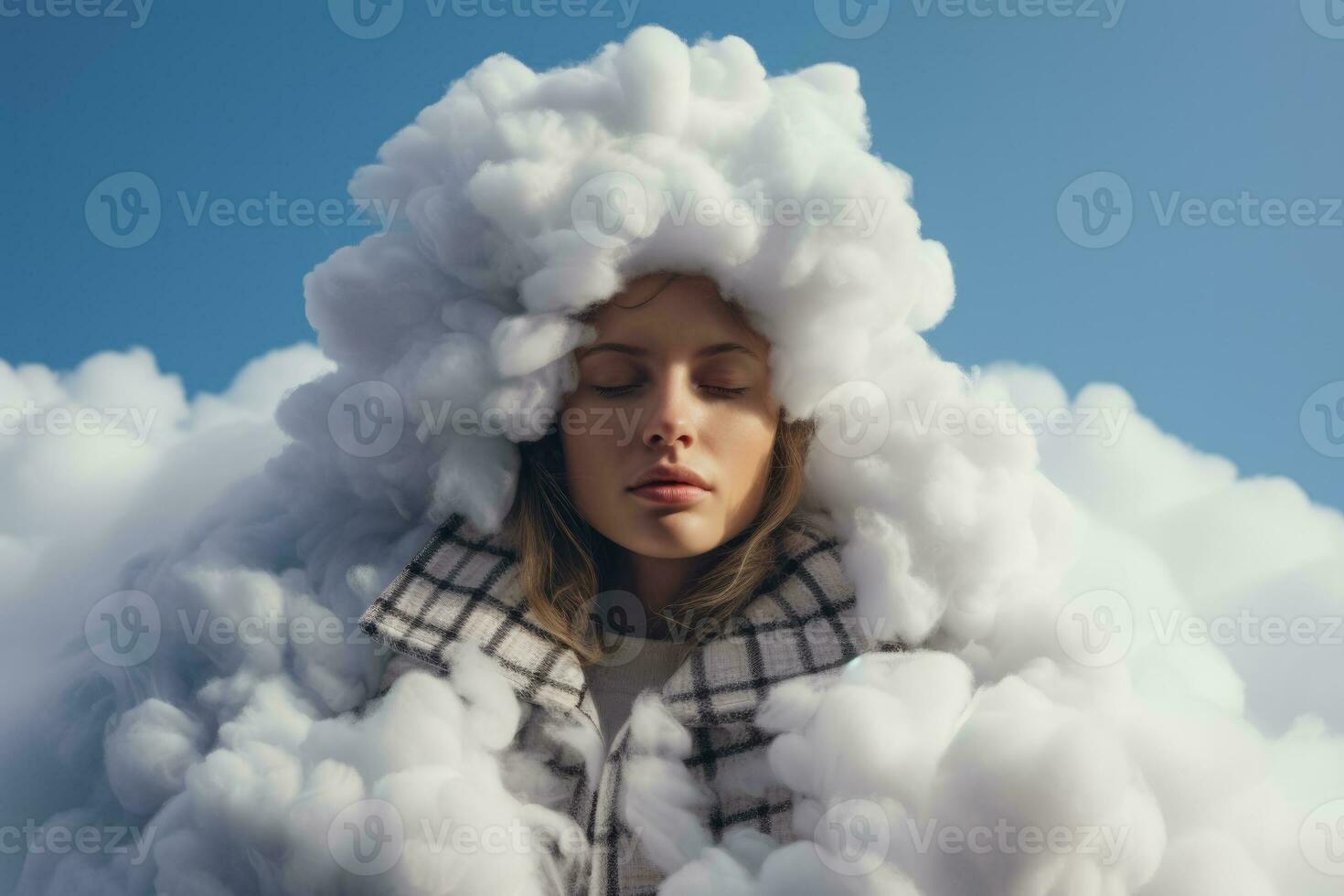 Woman in cosy plaid made from clouds photo