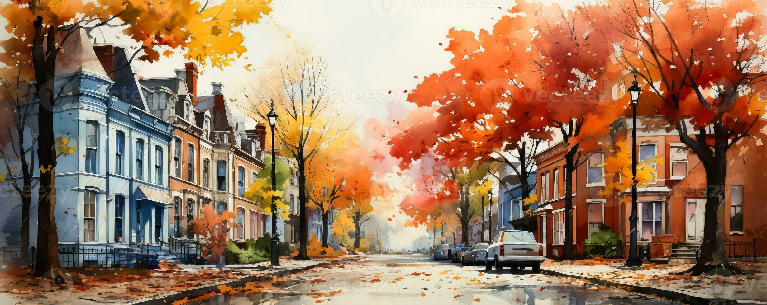 A charming watercolor painting of a cozy small town street with colorful buildings and falling autumn leaves background with empty space for text photo