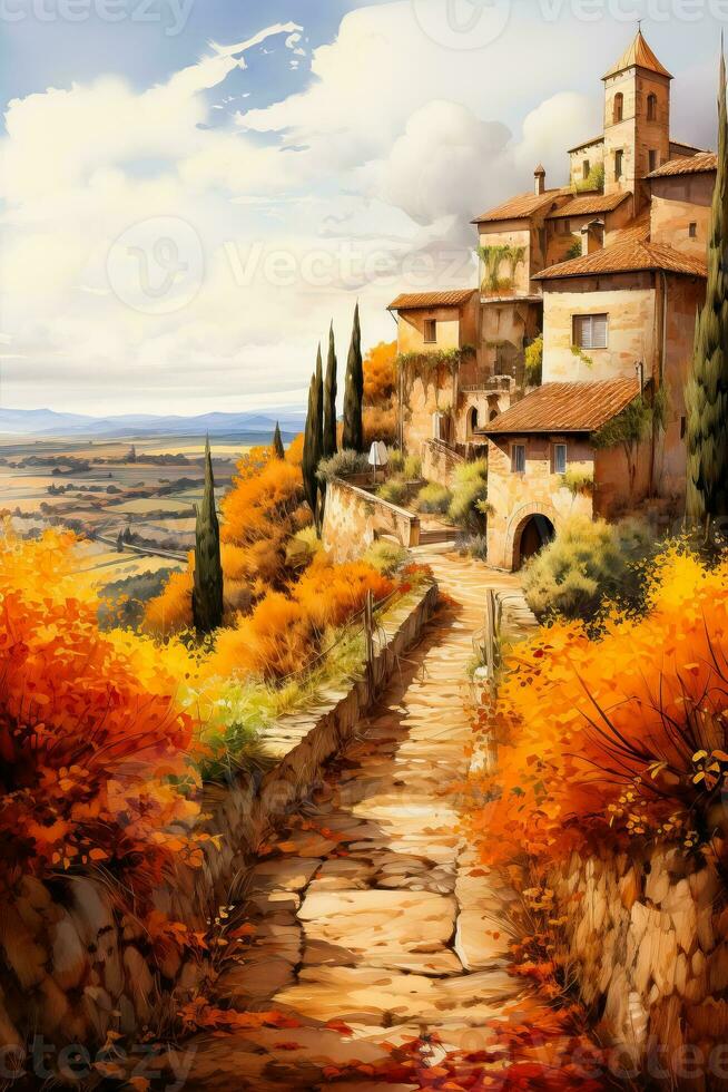 A vibrant watercolor painting of a charming Mediterranean village nestled among golden autumnal trees celebrating the bounties of the season photo