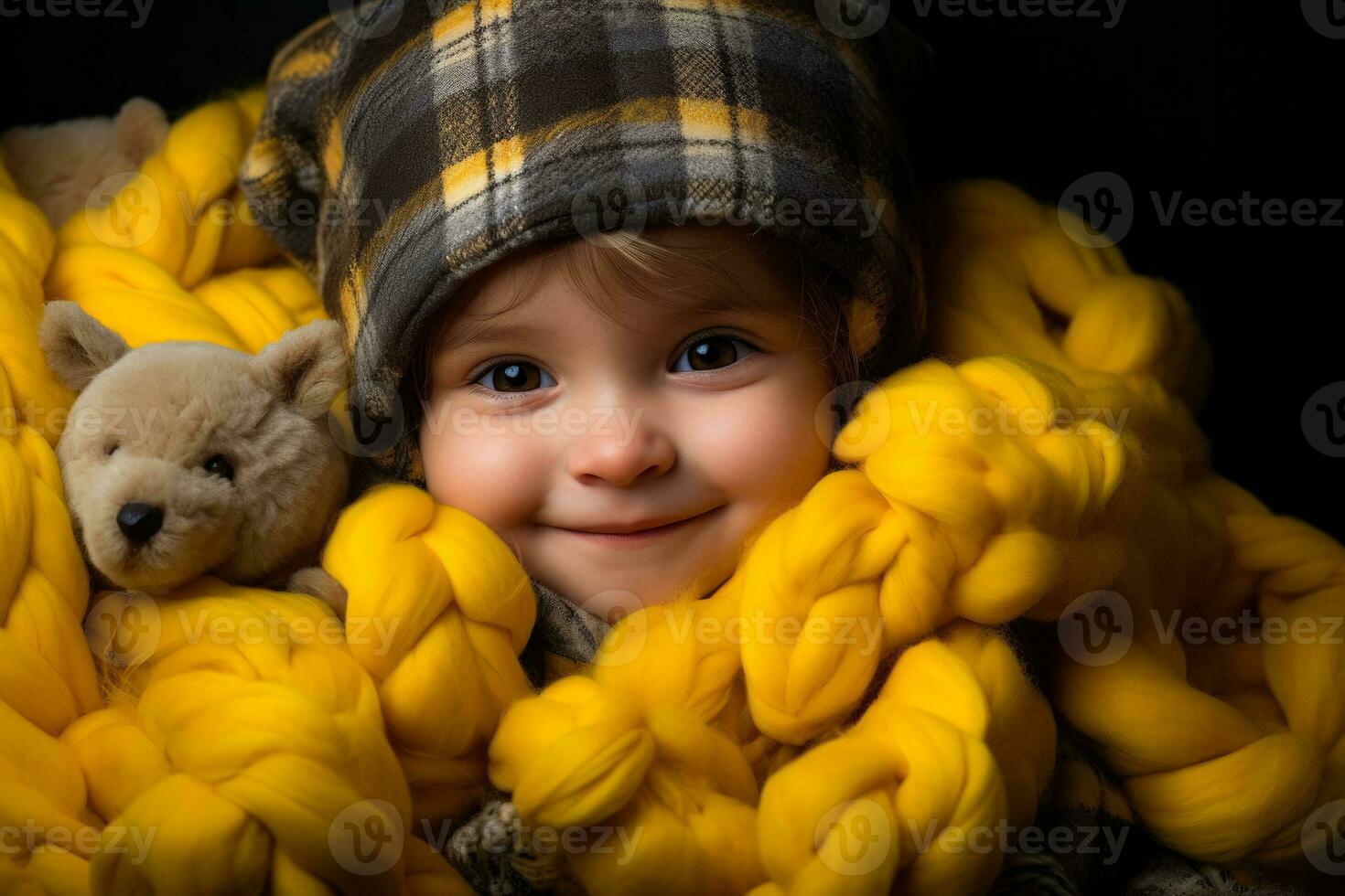 Child in cosy plaid made from lemons and ginger photo