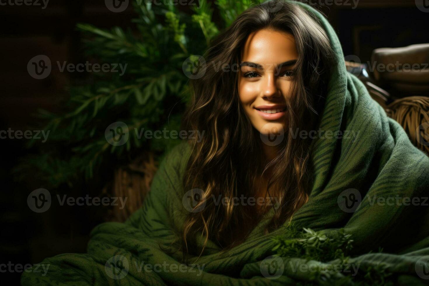Woman in cosy plaid made from relaxing herbs photo