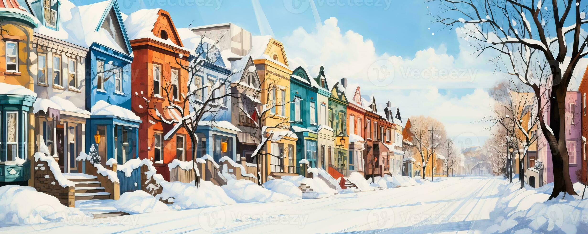 A picturesque winter street in Montreal adorned with watercolor murals capturing the charm and essence of the citys snowy beauty photo