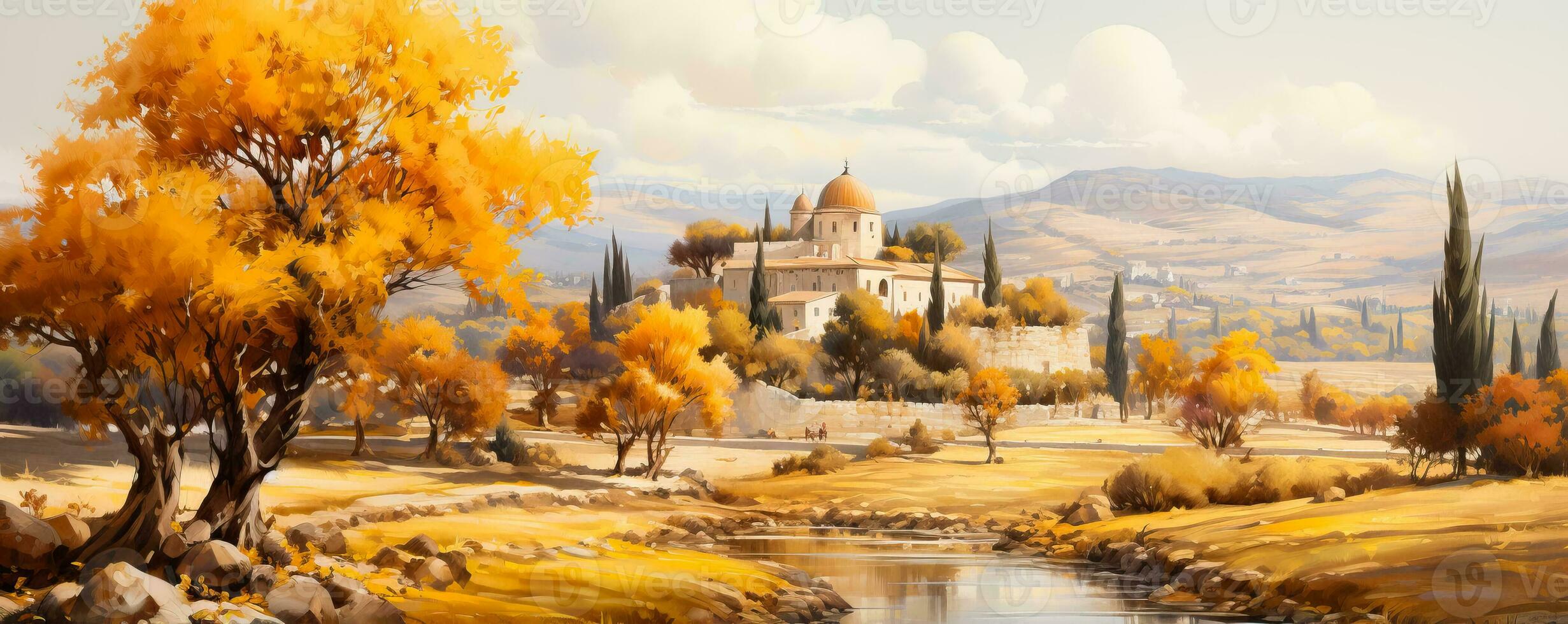 A vibrant watercolor painting of a charming Mediterranean village nestled among golden autumnal trees celebrating the bounties of the season photo