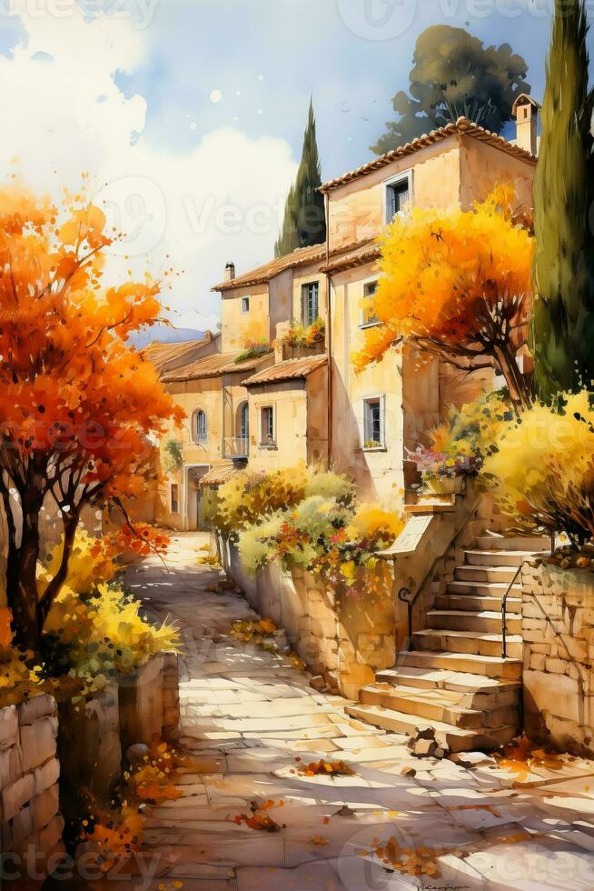 A vibrant watercolor painting of a charming Mediterranean village nestled among golden autumnal trees celebrating the bounties of the season photo