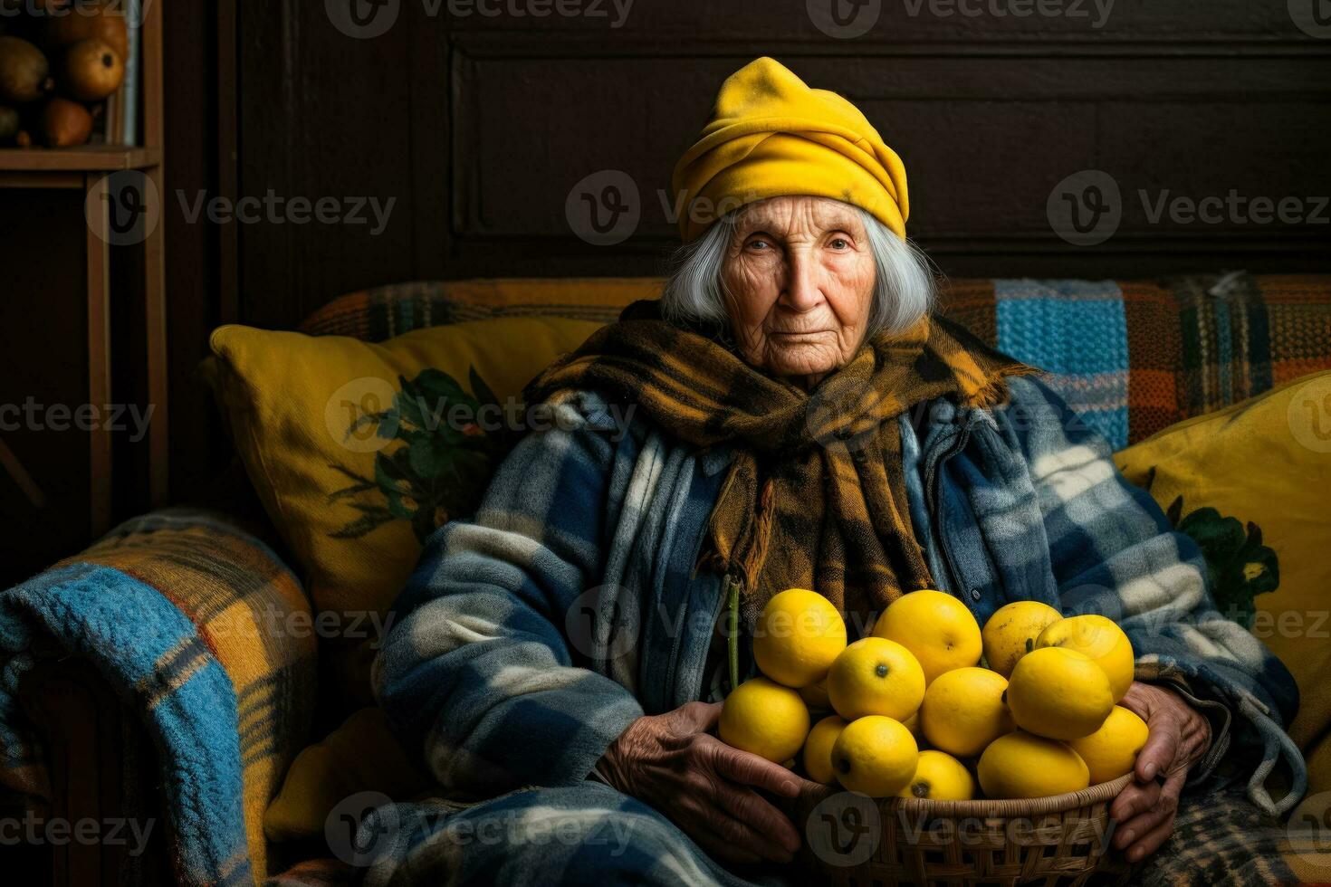 Old woman in cosy plaid made from lemons and ginger photo