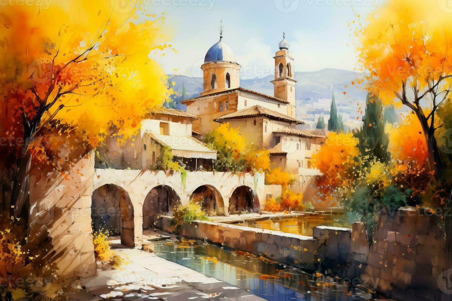 A vibrant watercolor painting of a charming Mediterranean village nestled among golden autumnal trees celebrating the bounties of the season photo